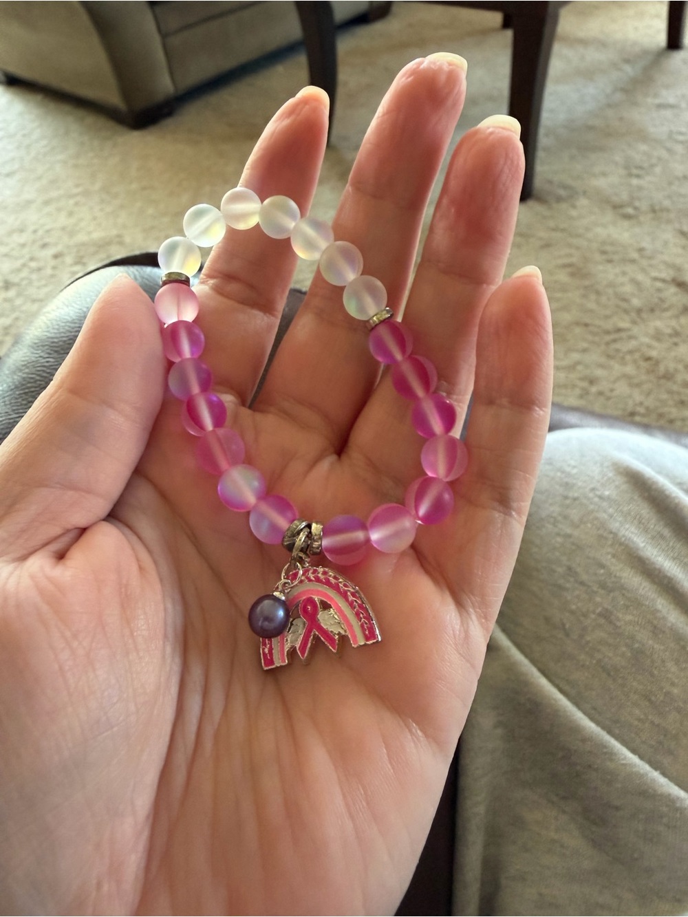 Pink Beaded Bracelet with Breast Cancer Ribbon Charm